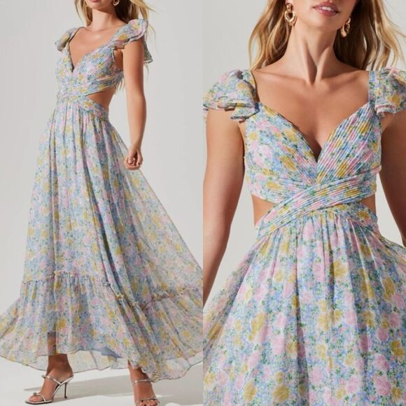 Astr Dresses & Skirts - New ASTER the label revolve Primrose Floral Strappy Back Maxi Dress blue pink